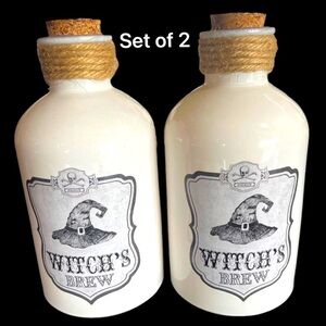 Witch’s Brew decorative white bottles w/twine & cork top